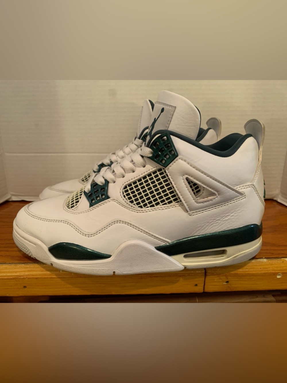 Jordan White and Dark Green Retro 4 Sneakers